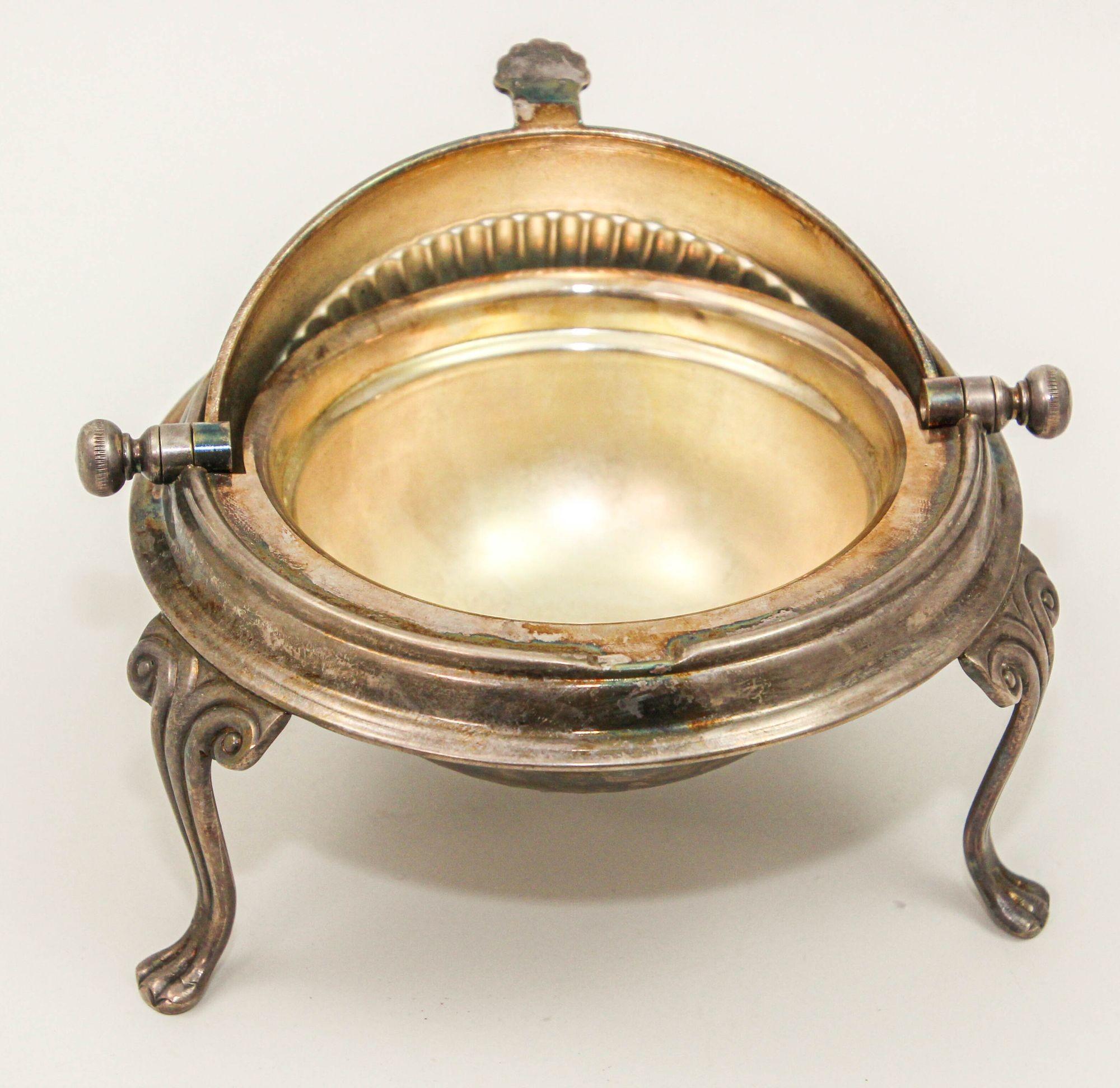 English Georgian Caviar Silver Plate Serving Dish with Revolving Lid Circa 1940 In Good Condition In North Hollywood, CA