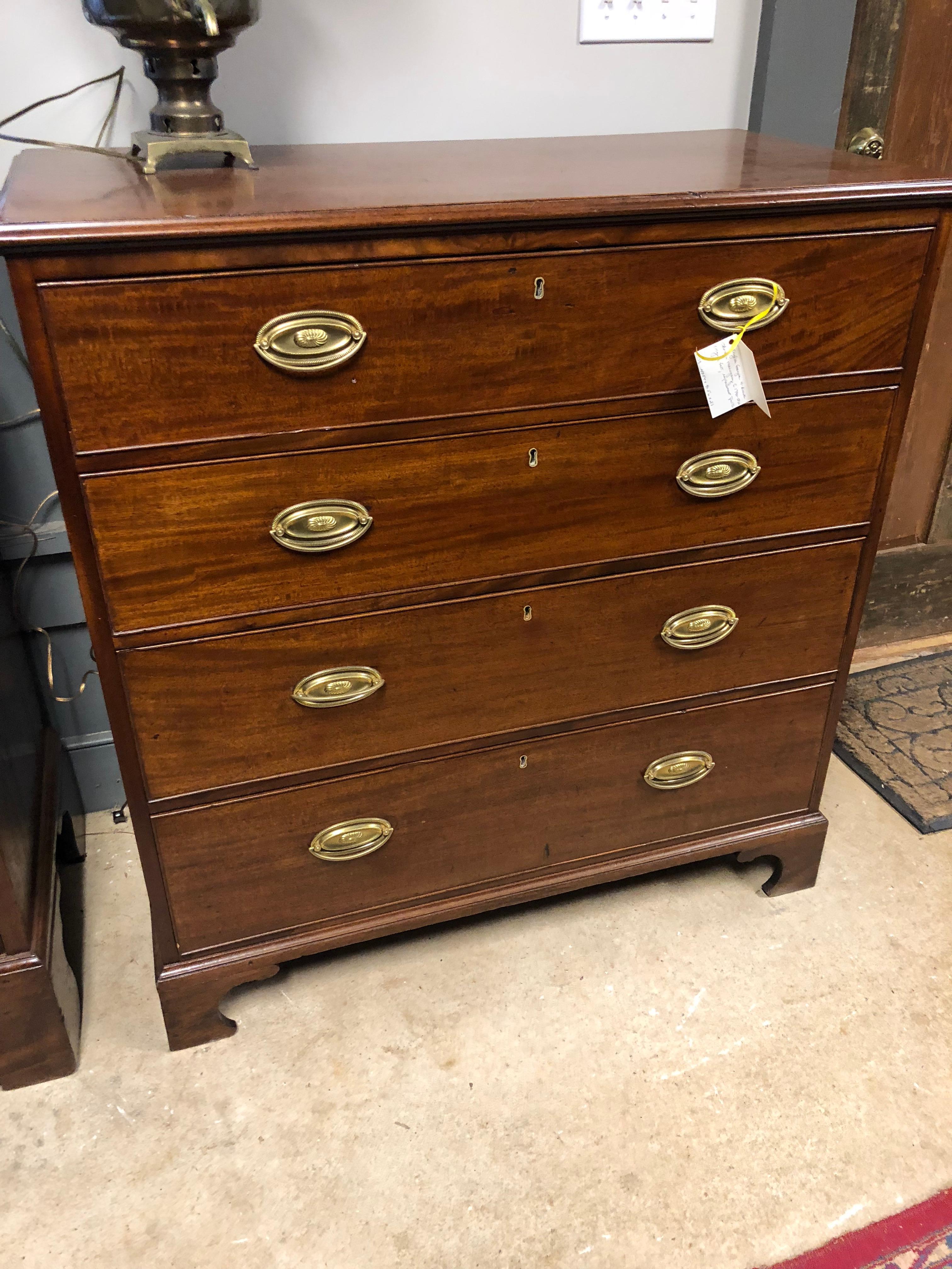 English 4-drawer chest, Georgian, mahogany, very original, good storage chest, nice lighter color, traditional, drawers work well, a nice vertical size. Early, replacement brasses.