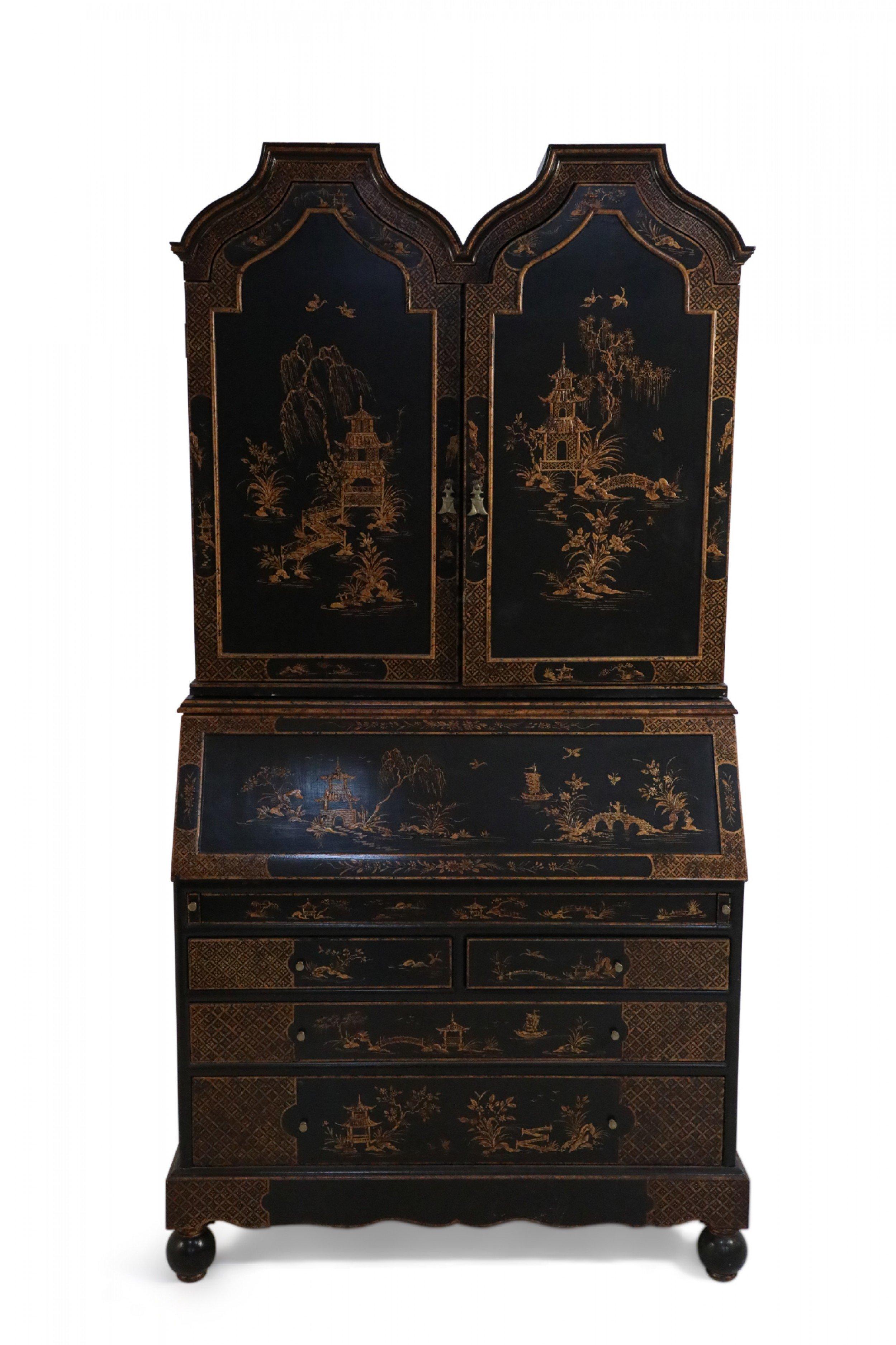 English Georgian-style black secretary desk painted in traditional gold Chinoiserie decorations of nature, bridges, pagodas, florals, boats and intricate patterns. Its fold-down writing surface is supported by two lopers and opens to reveal letter