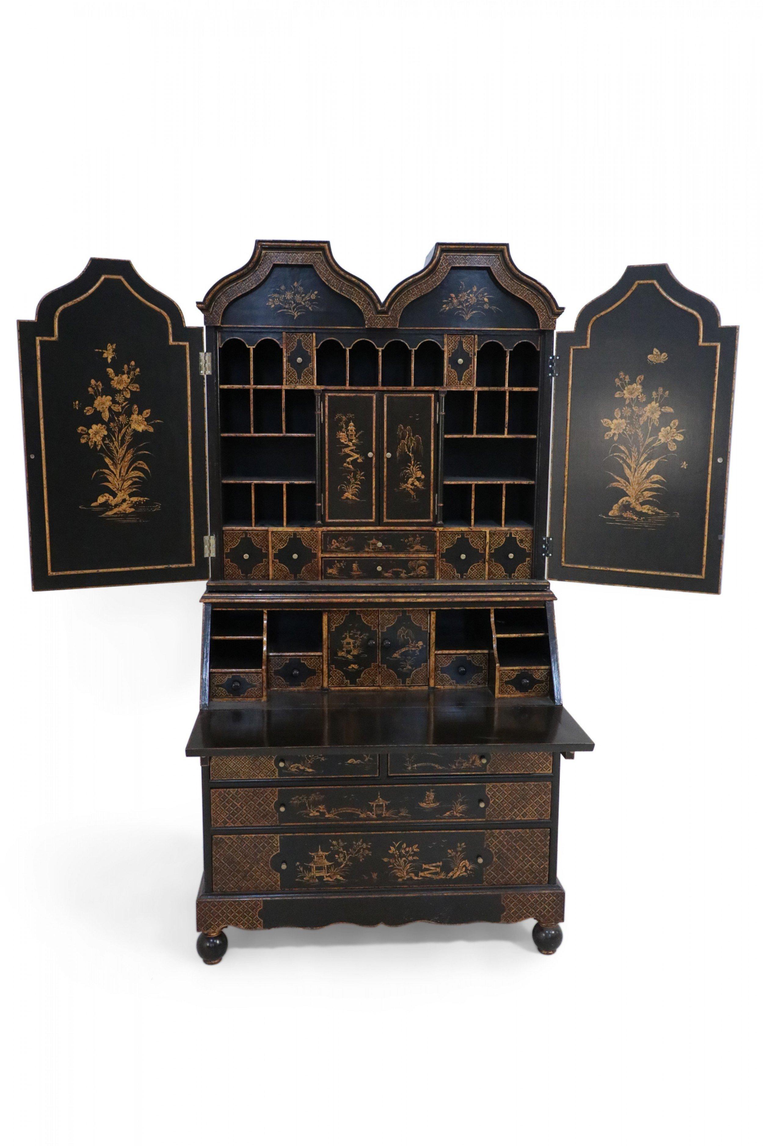 English Georgian Chinoiserie-Decorated Black Secretary Cabinet In Good Condition In New York, NY