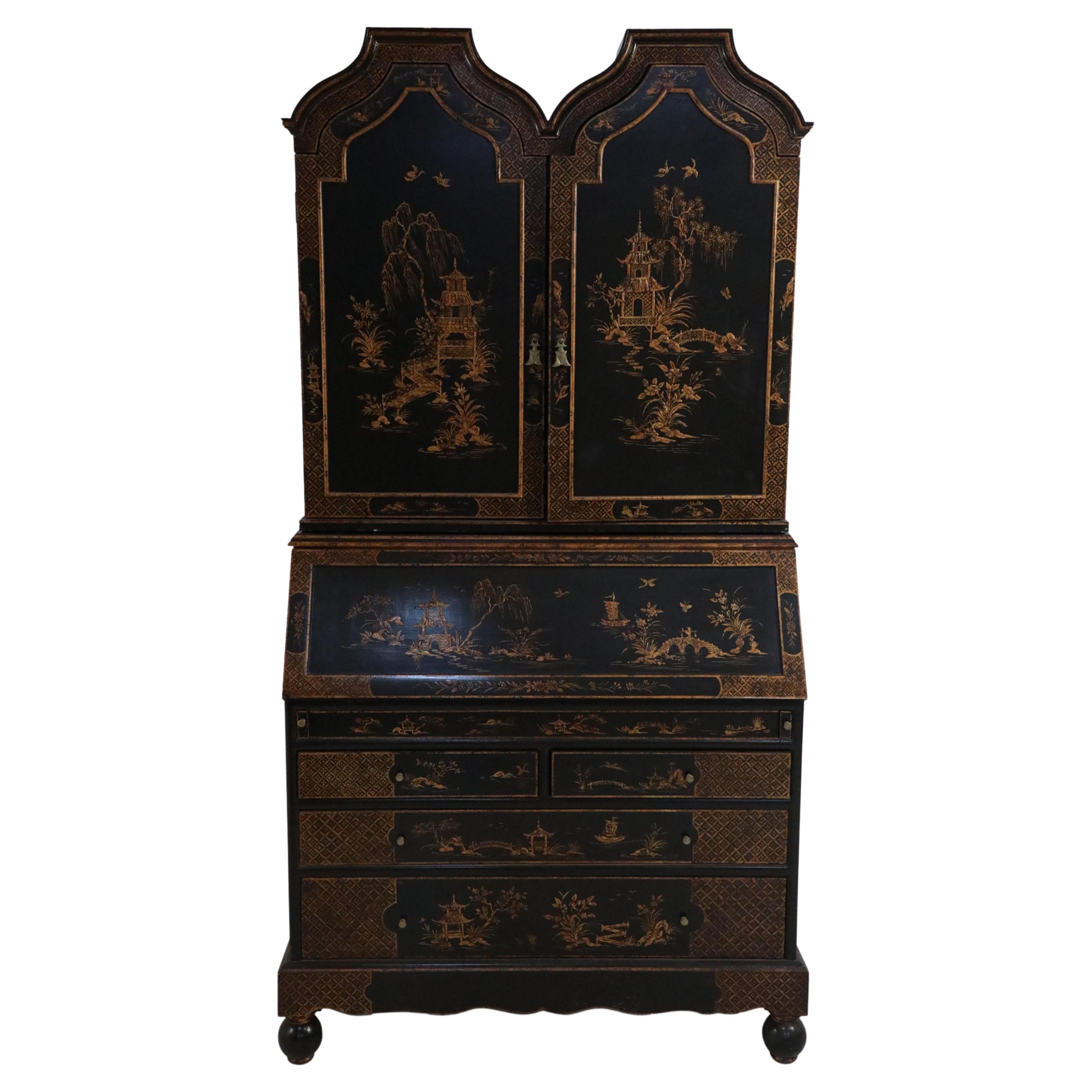 English Georgian Chinoiserie-Decorated Black Secretary Cabinet