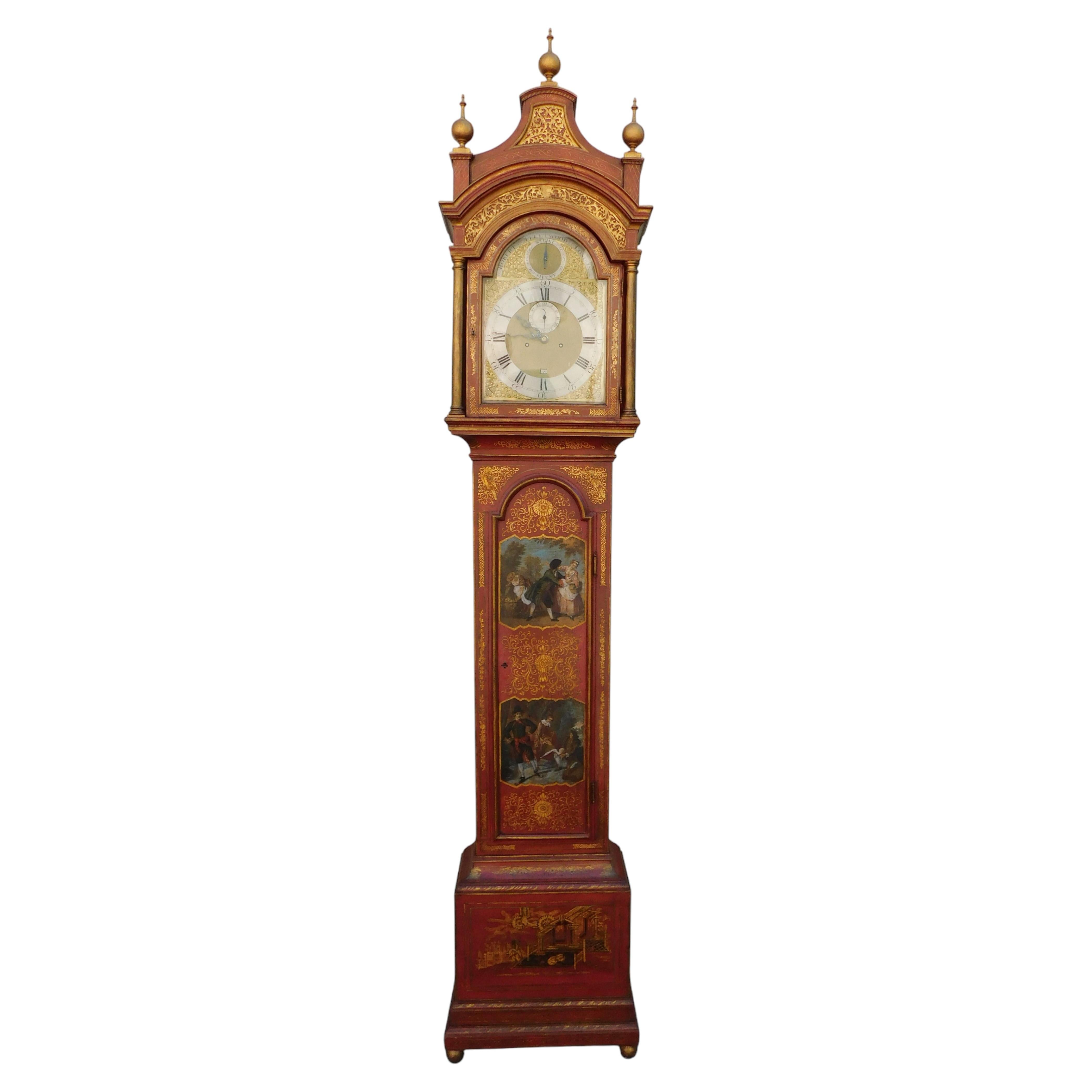 English Georgian Chinoiserie Red Lacquer & Gilt Tall Case Clock, Fleetwood 1775