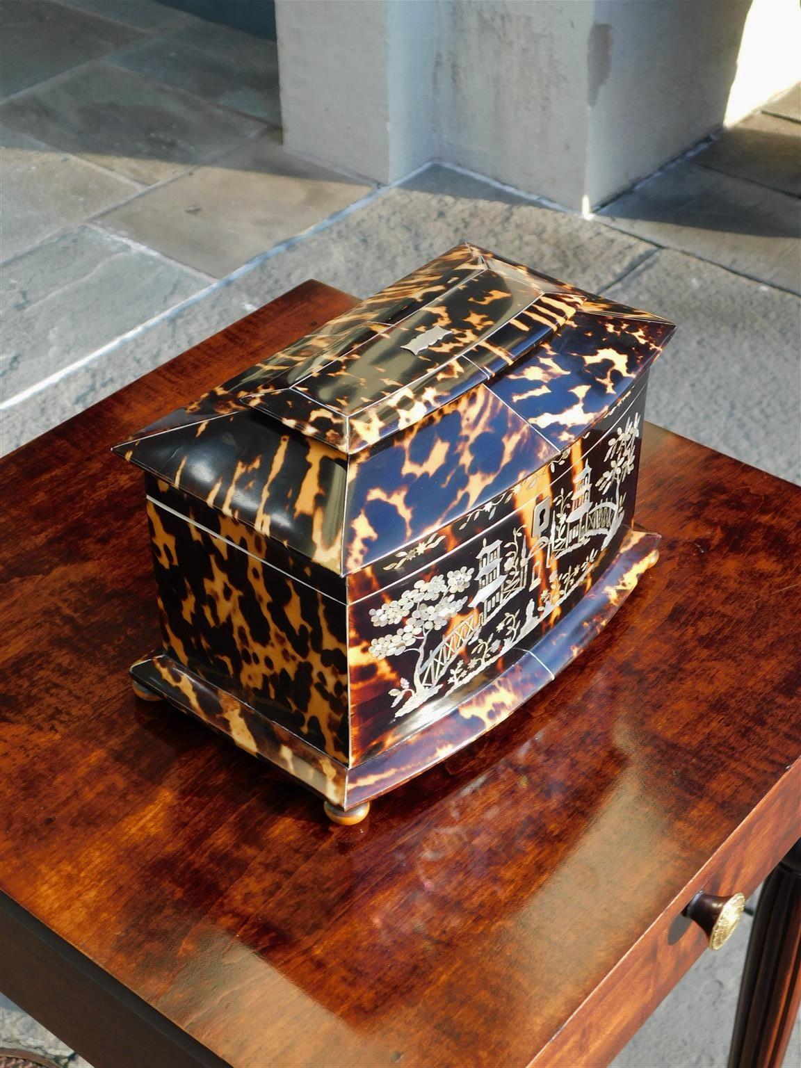 Hand-Carved English Georgian Chinroserie Tortoise Shell Tea Caddy with Ball Feet, C. 1800 For Sale