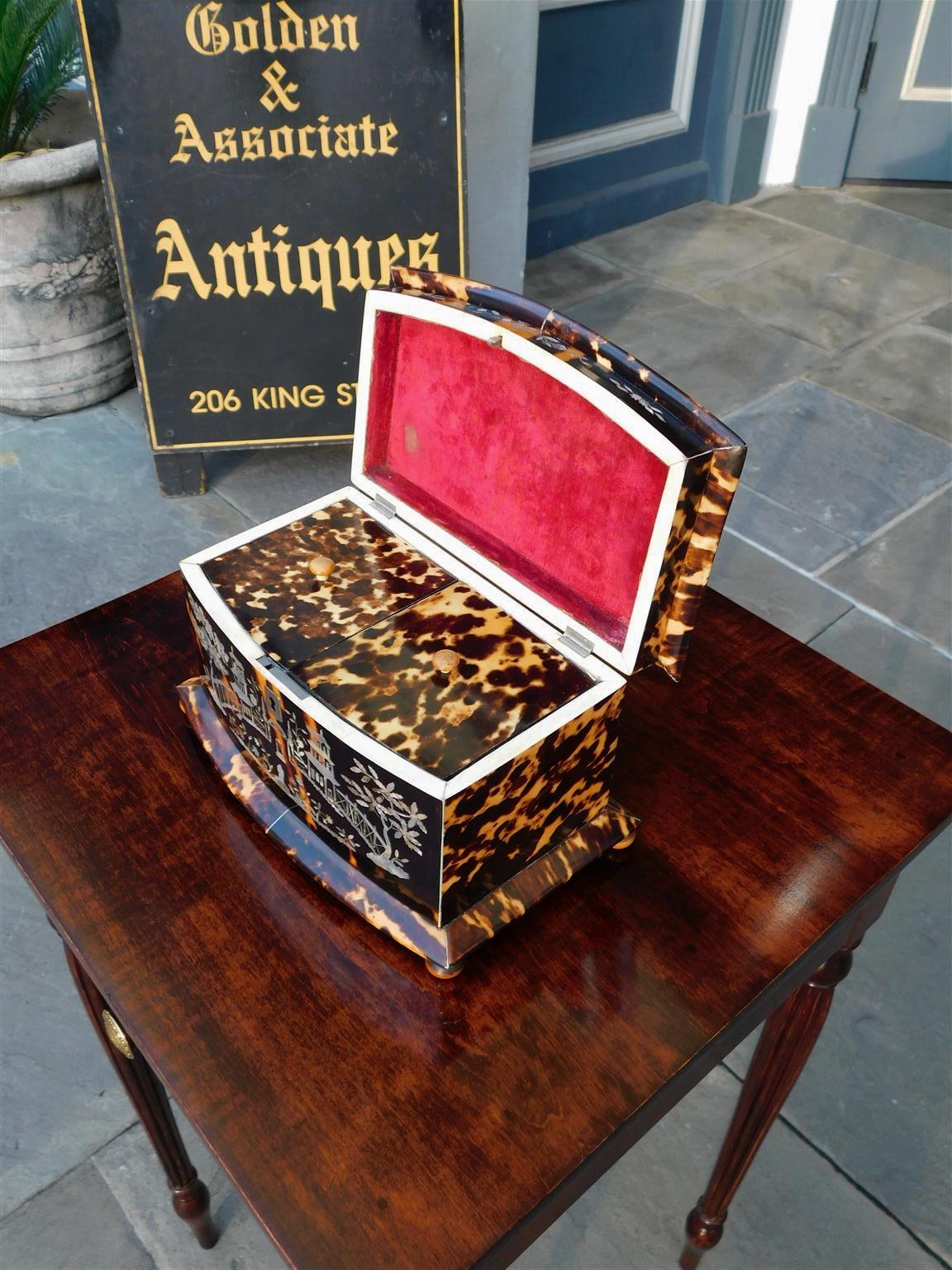 English Georgian Chinroserie Tortoise Shell Tea Caddy with Ball Feet, C. 1800 For Sale 3