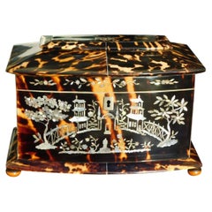 English Georgian Chinroserie Tortoise Shell Tea Caddy with Ball Feet, C. 1800