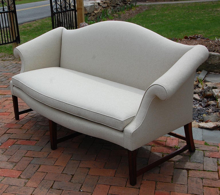 English Chippendale Camel Back Sofa with Mahogany Molded Legs