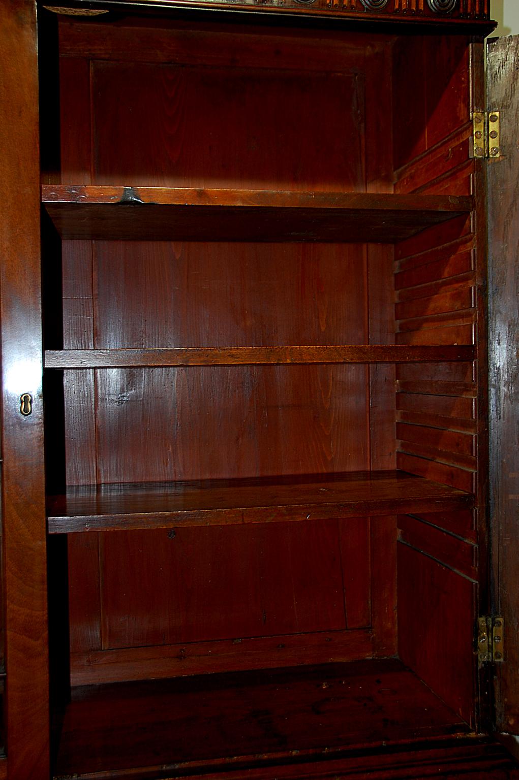 English Georgian Chippendale Mahogany Bureau Bookcase with Carved Inlaid Cornice 11