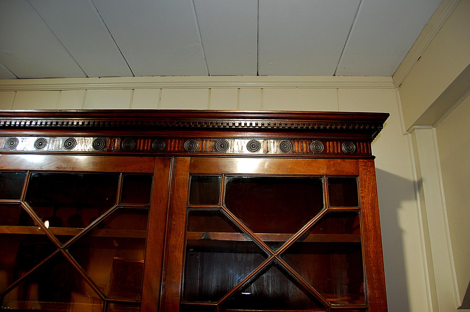 18th Century English Georgian Chippendale Mahogany Bureau Bookcase with Carved Inlaid Cornice