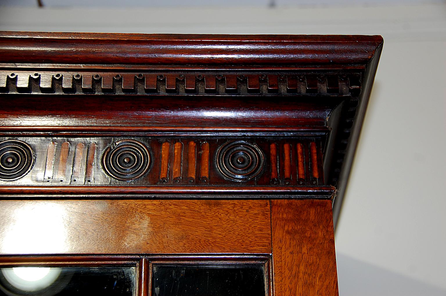 English Georgian Chippendale Mahogany Bureau Bookcase with Carved Inlaid Cornice 1