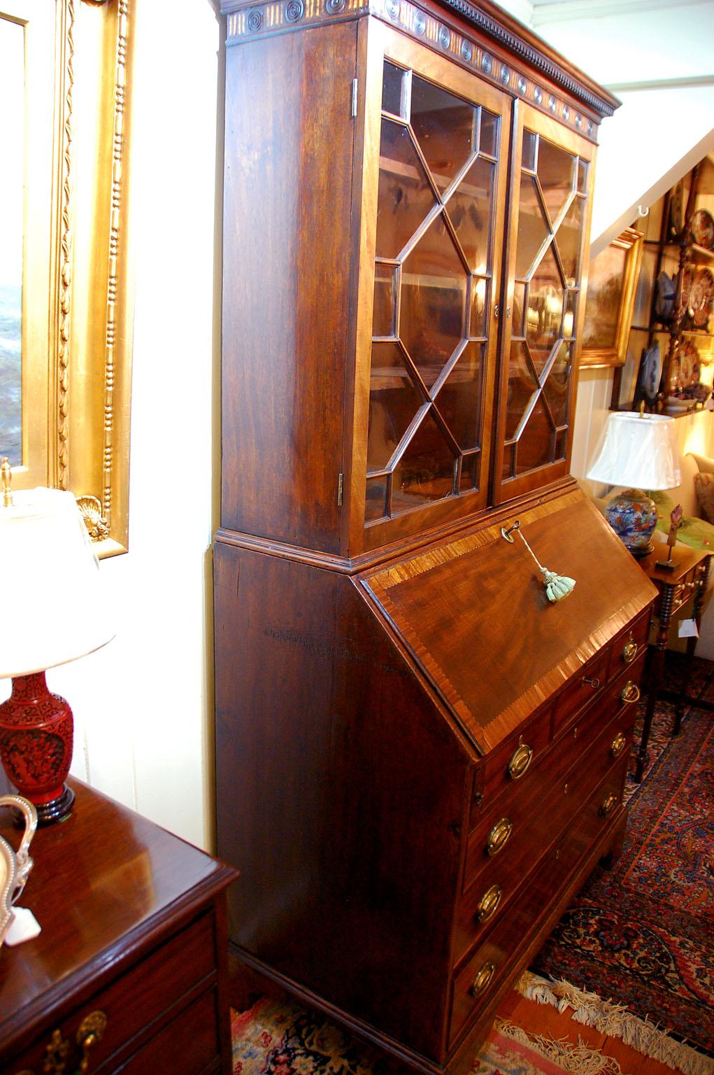 English Georgian Chippendale Mahogany Bureau Bookcase with Carved Inlaid Cornice 2