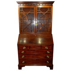 Antique English Georgian Chippendale Mahogany Bureau Bookcase with Carved Inlaid Cornice