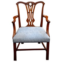 English Georgian Chippendale Mahogany Carved Armchair with Over Upholstered Seat