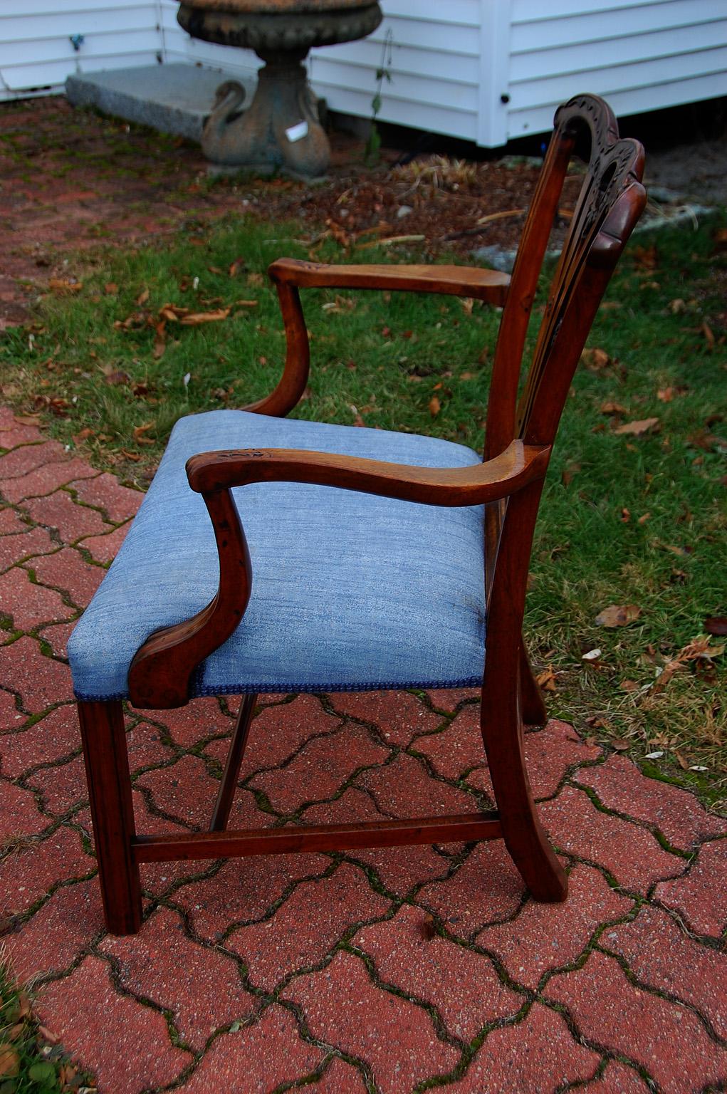 18th Century English Georgian Chippendale Mahogany Carved Armchair with Over Upholstered Seat For Sale