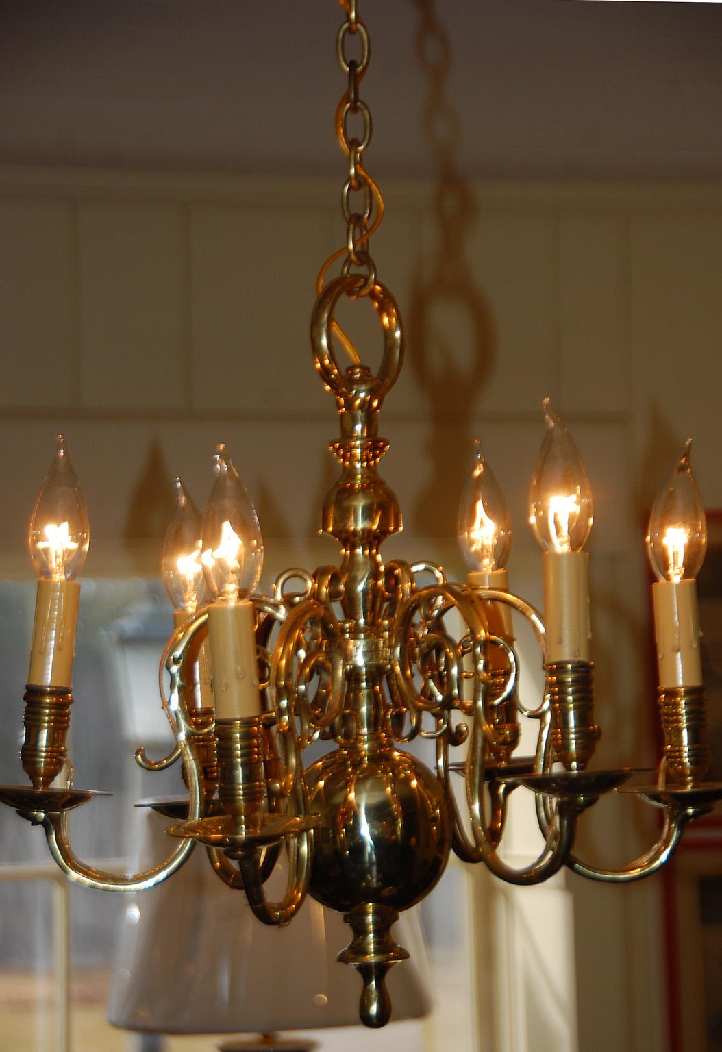 English Georgian Chippendale Period Brass Six Arm Chandelier In Good Condition For Sale In Wells, ME