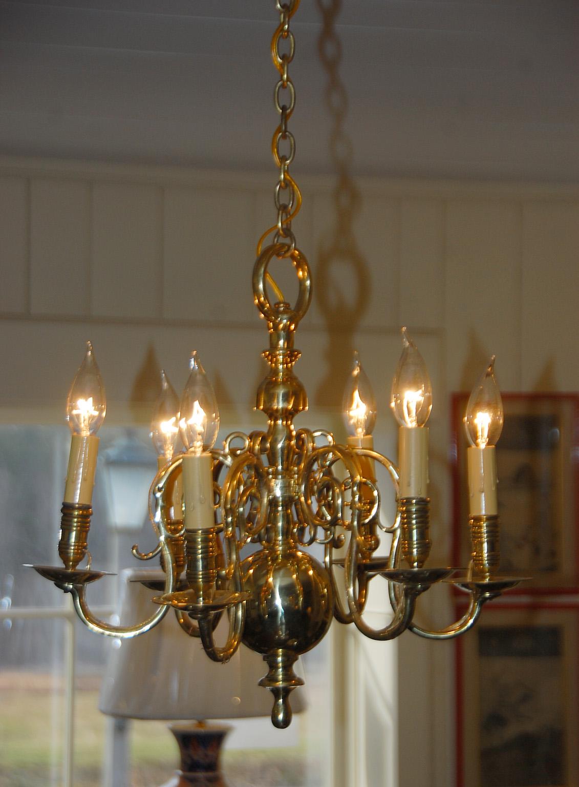 English Georgian Chippendale Period Brass Six Arm Chandelier For Sale 1