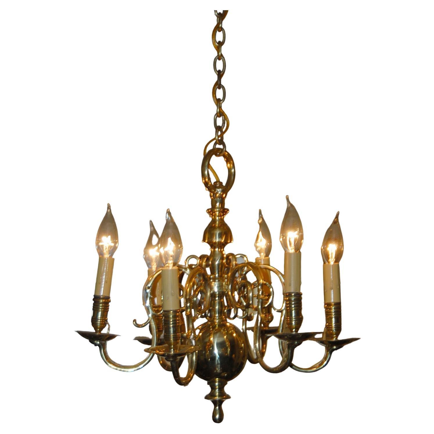 English Georgian Chippendale Period Brass Six Arm Chandelier For Sale