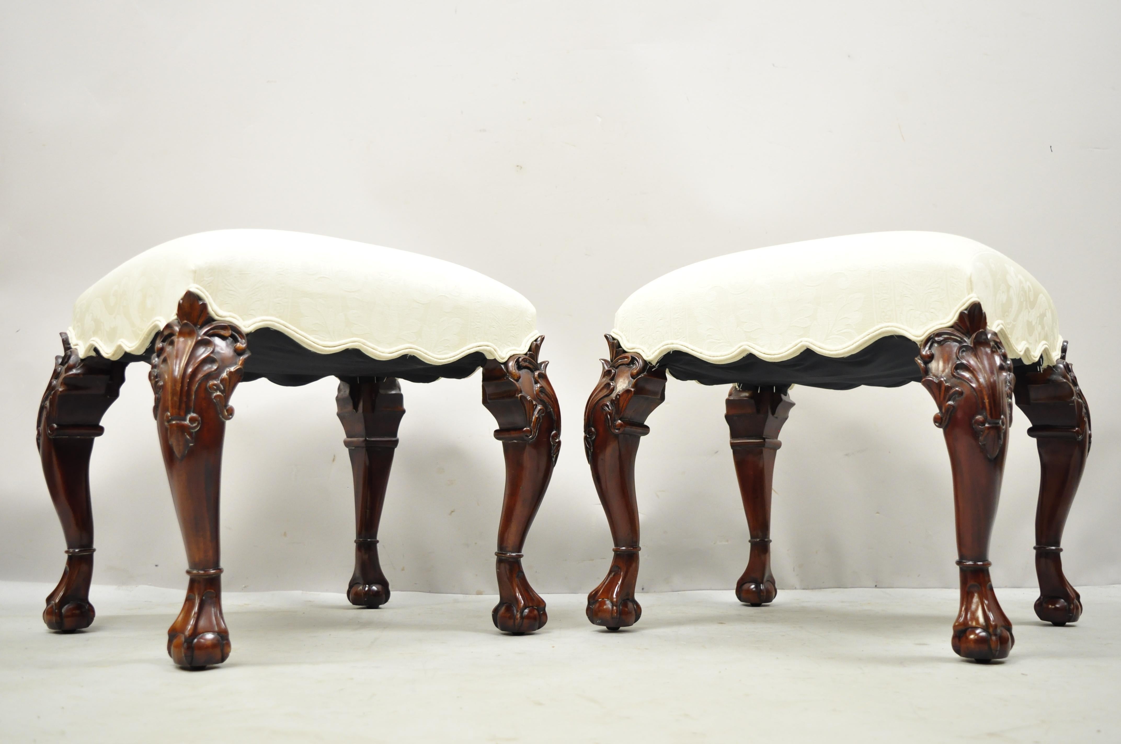 English Georgian Chippendale Style Carved Mahogany Ball and Claw Stools, Pair For Sale 6