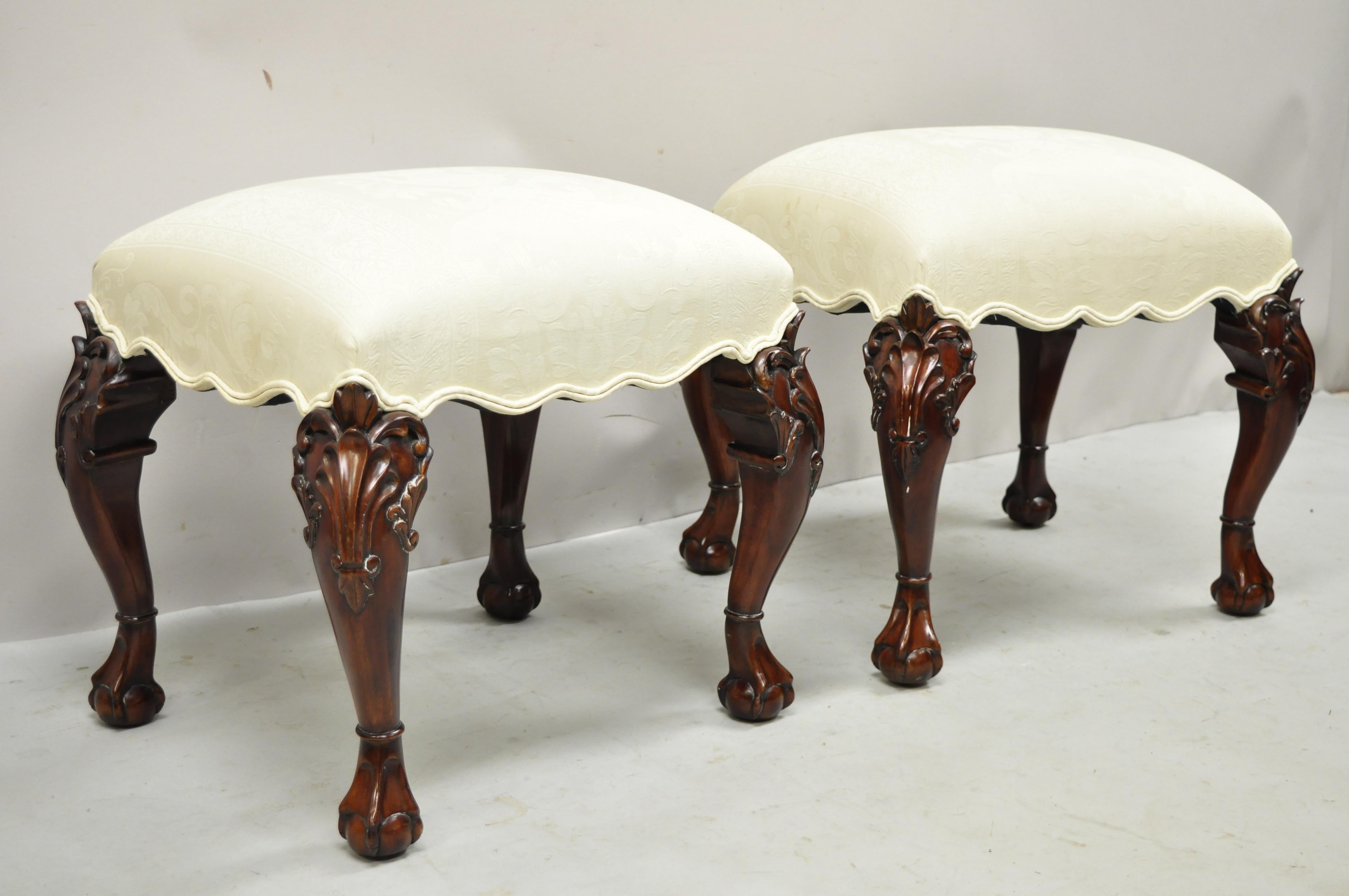 English Georgian Chippendale Style Carved Mahogany Ball and Claw Stools, Pair For Sale 7