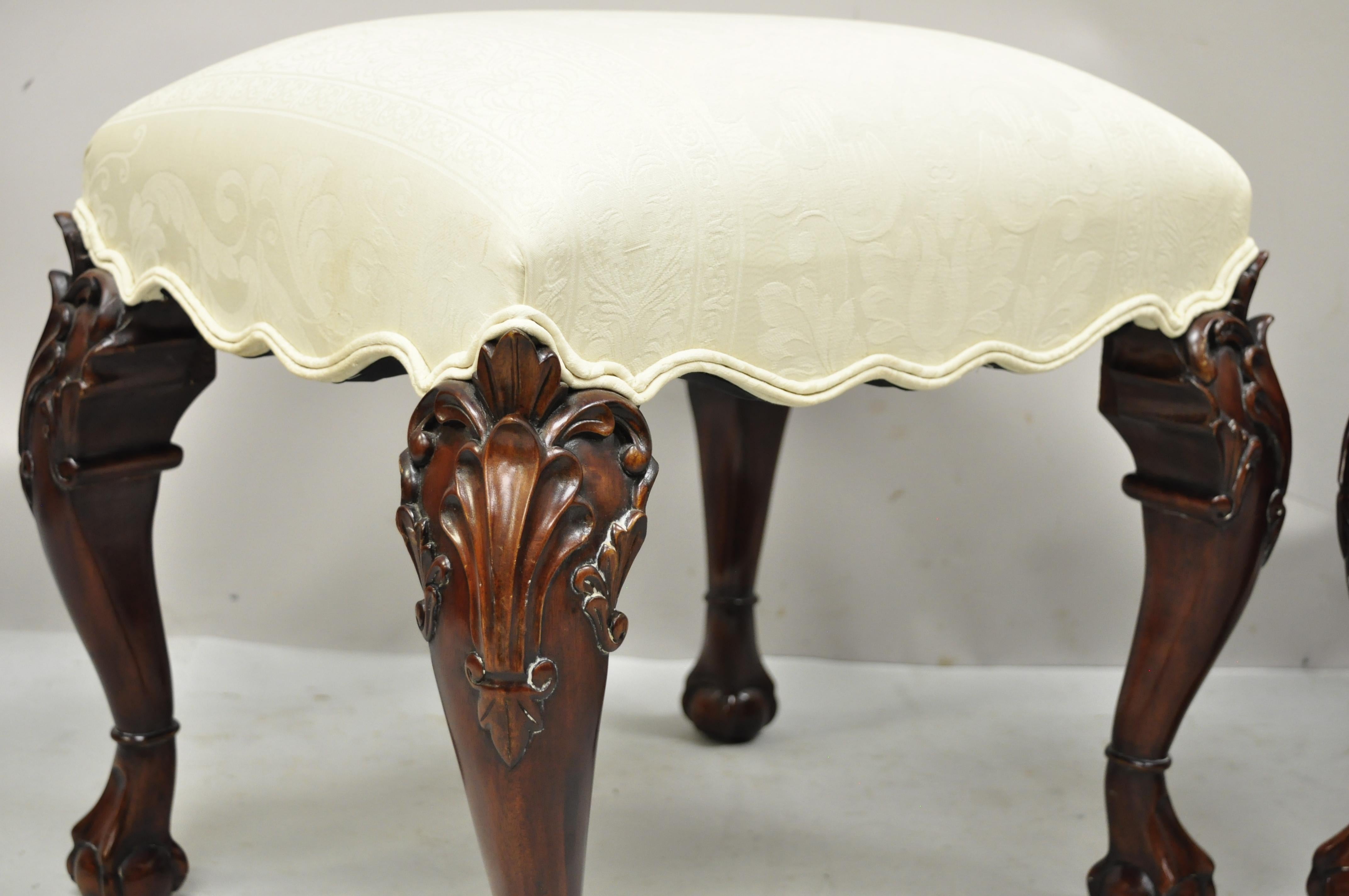 20th Century English Georgian Chippendale Style Carved Mahogany Ball and Claw Stools, Pair For Sale