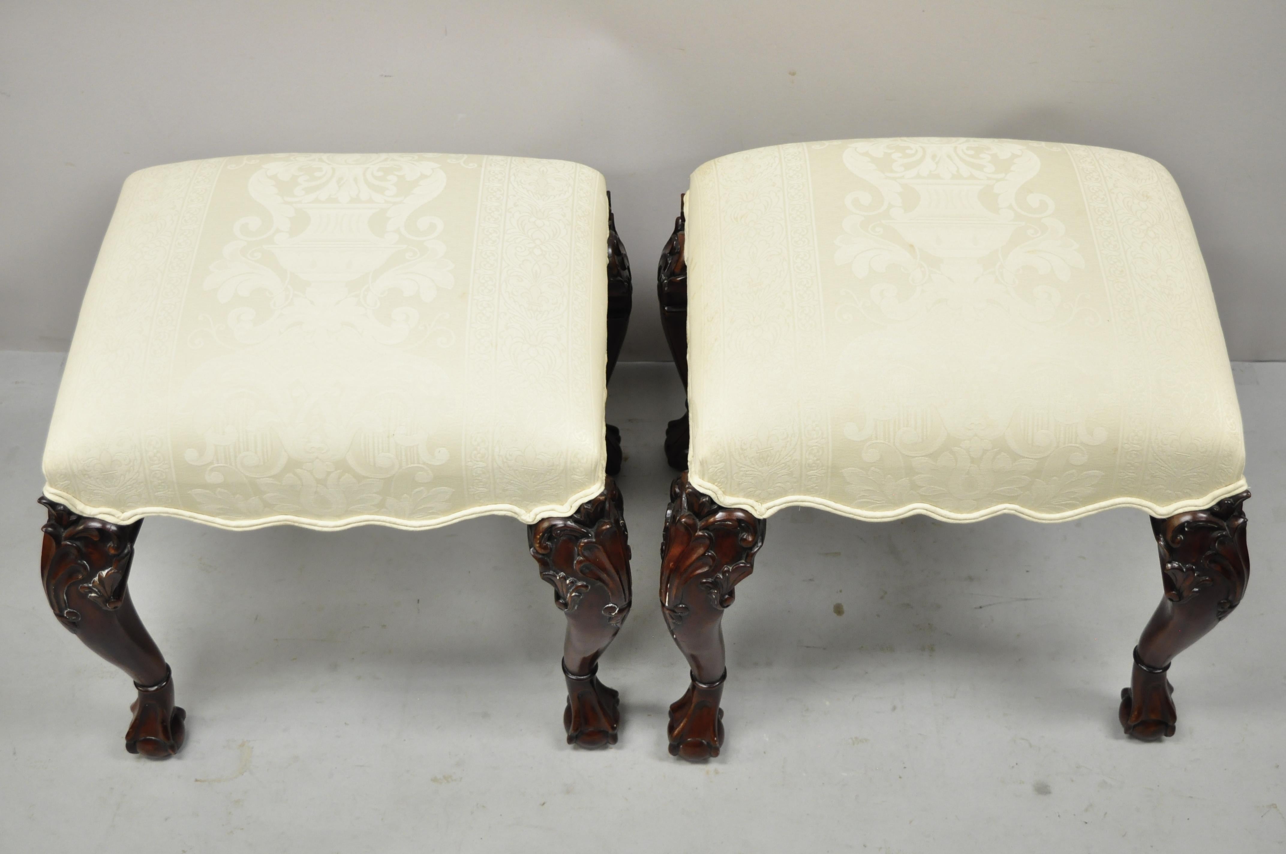 English Georgian Chippendale Style Carved Mahogany Ball and Claw Stools, Pair For Sale 1