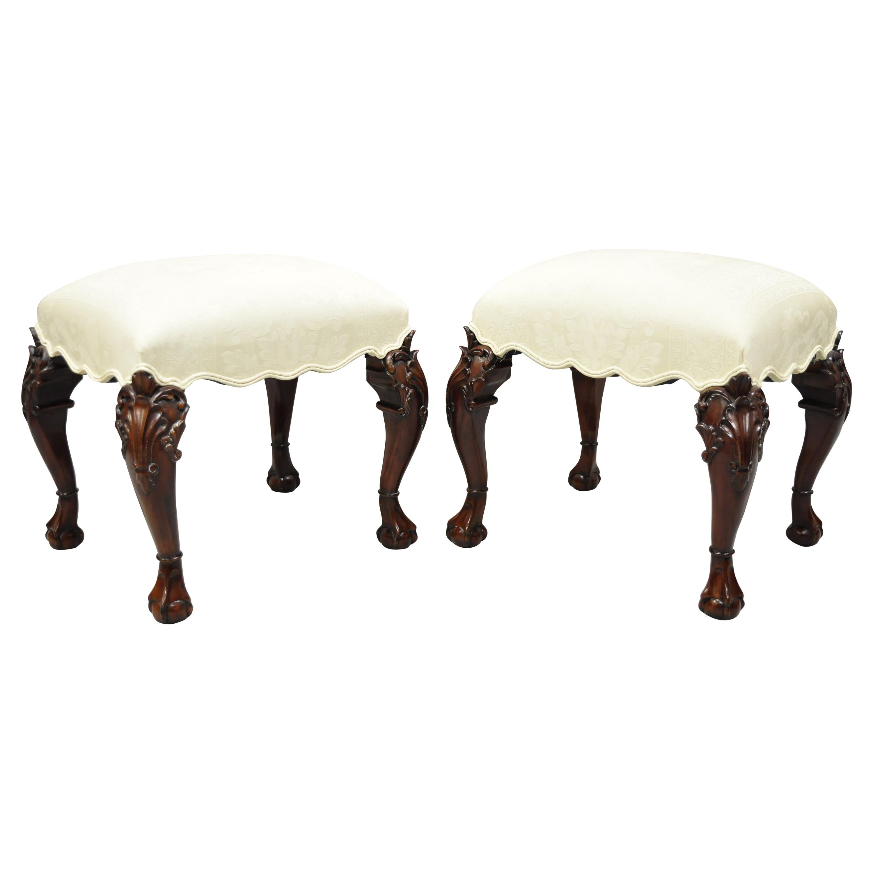 English Georgian Chippendale Style Carved Mahogany Ball and Claw Stools, Pair For Sale