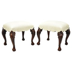 Vintage English Georgian Chippendale Style Carved Mahogany Ball and Claw Stools, Pair