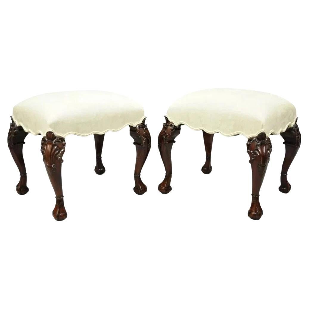 English Georgian Chippendale Style Carved Mahogany Ball and Claw Stools - Pair