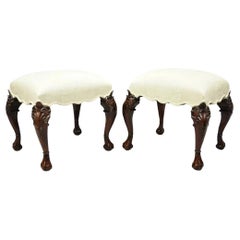 English Georgian Chippendale Style Carved Mahogany Ball and Claw Stools - Pair