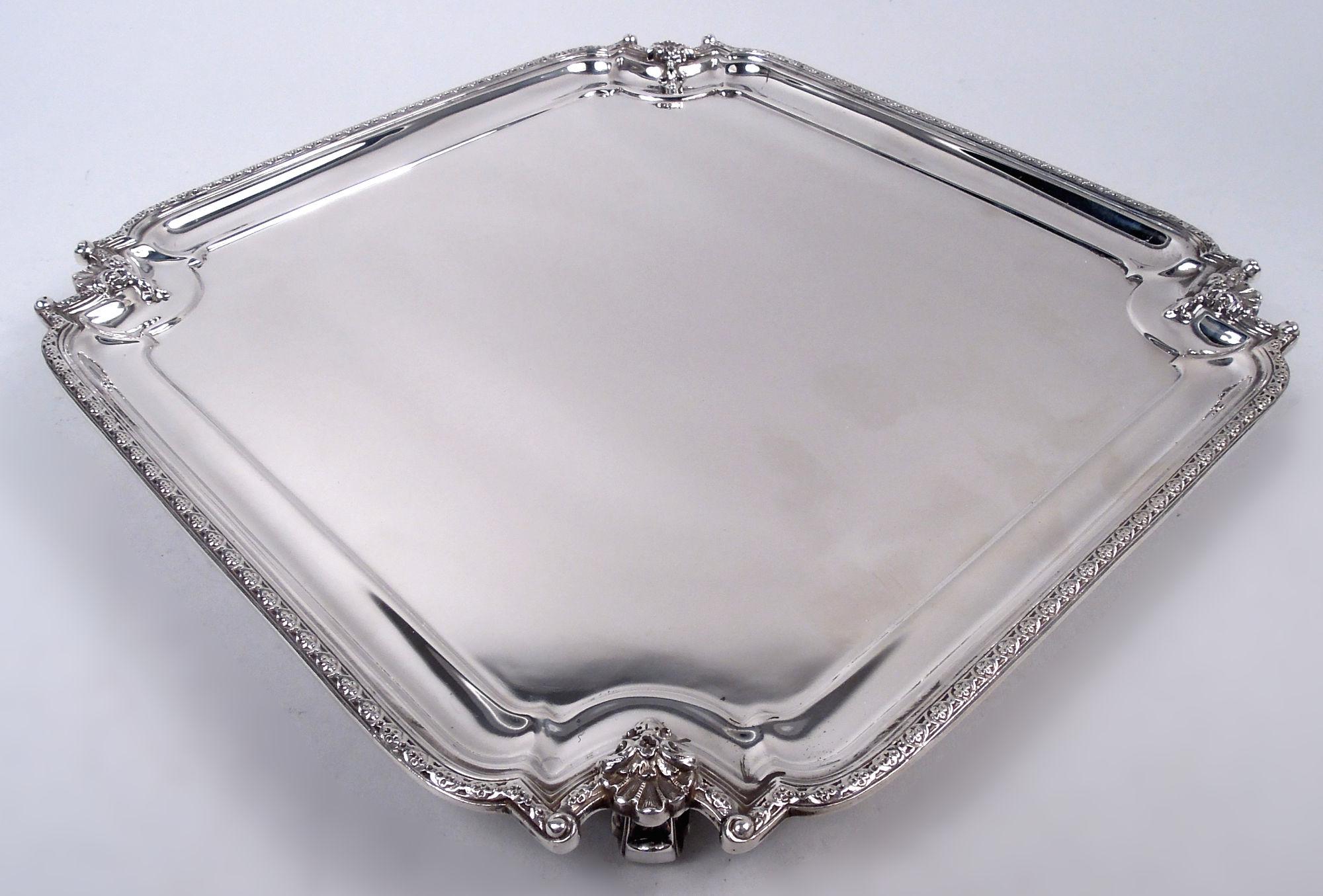 British English Georgian Classical Square Cartouche Salver, 1954 For Sale