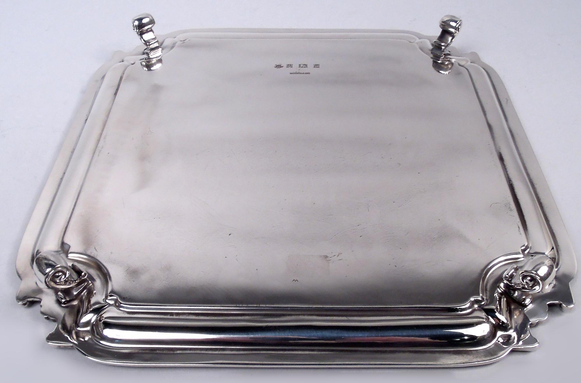 Sterling Silver English Georgian Classical Square Cartouche Salver, 1954 For Sale