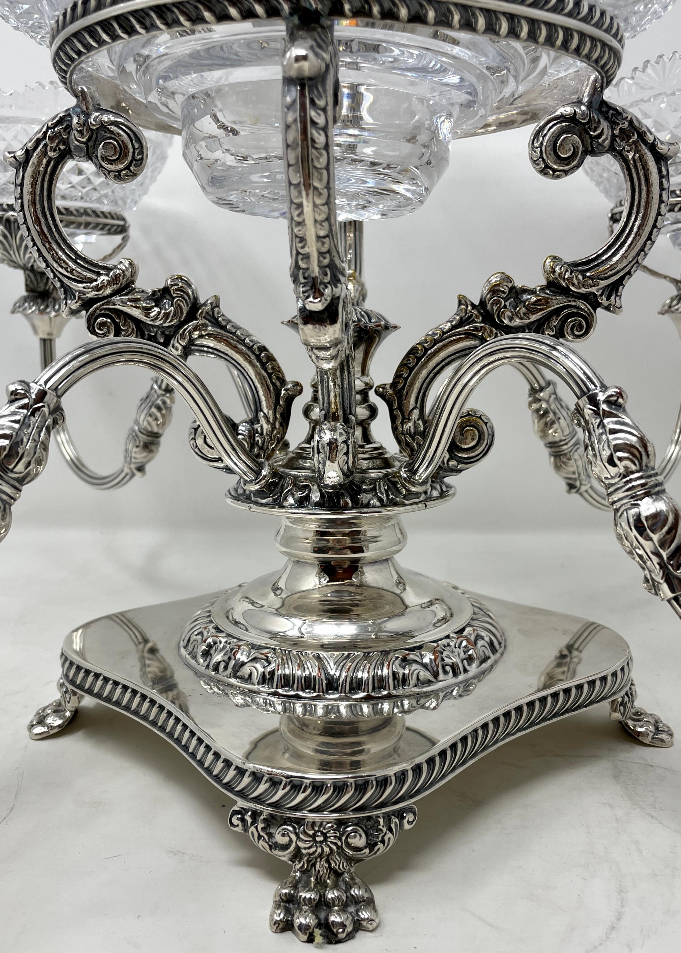 20th Century English Georgian Design Cut Crystal and Sheffield Silver Epergne