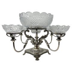 English Georgian Design Cut Crystal and Sheffield Silver Epergne
