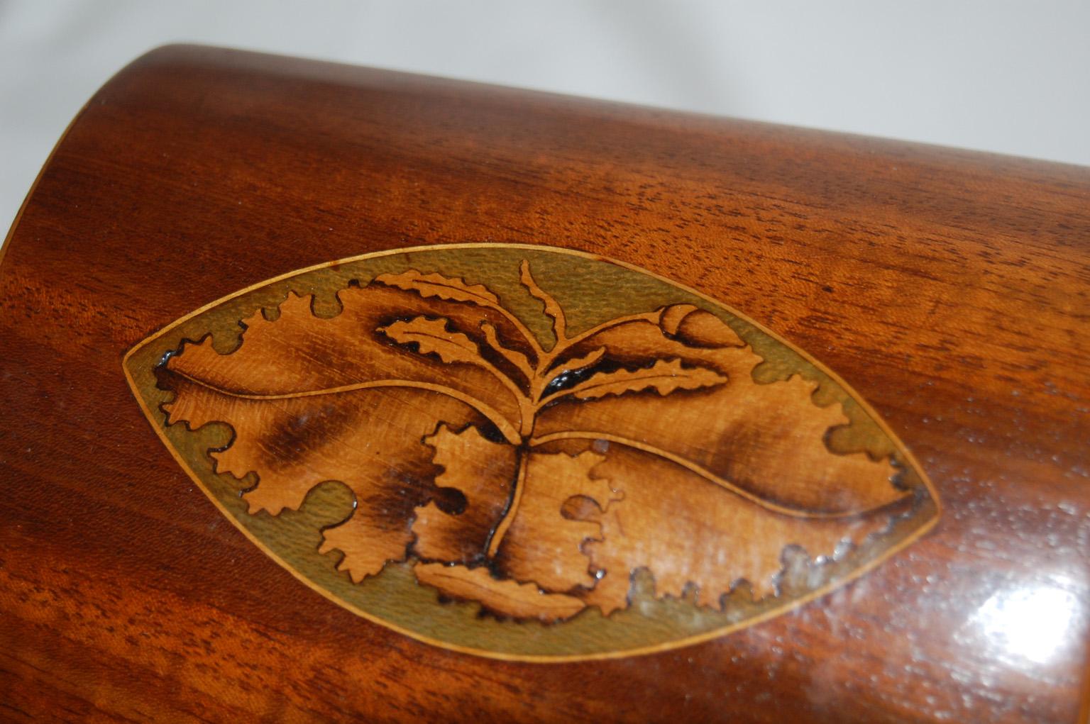 Boxwood English Georgian Domed Top Mahogany Tea Caddy with Oak Leaf and Acorn Inlay