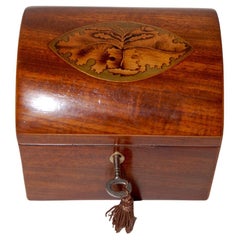 English Georgian Domed Top Mahogany Tea Caddy with Oak Leaf and Acorn Inlay