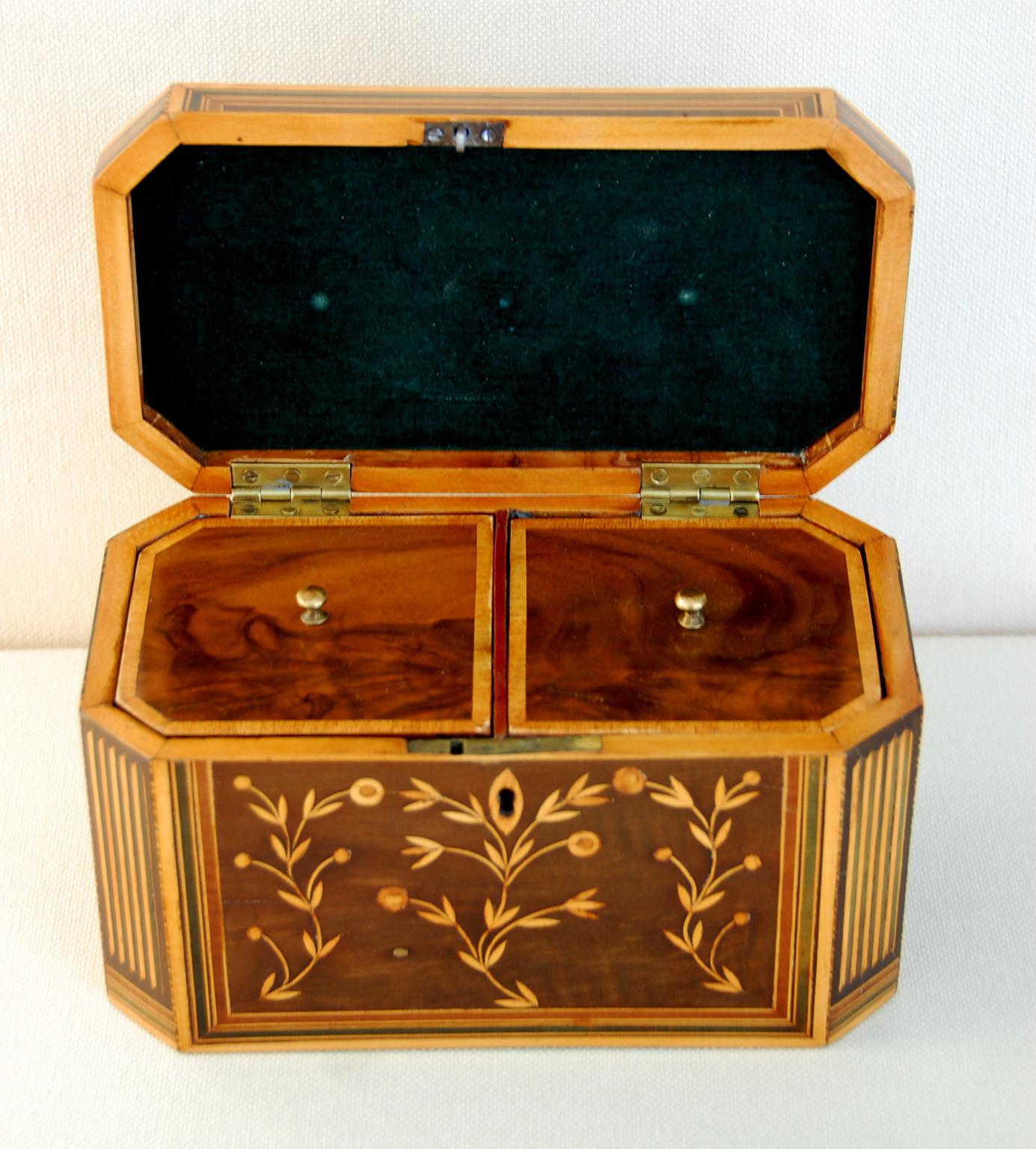 English Georgian double teacaddy of octagonal cut corner shape. Laburnum oval inlaid panels to top, sides and back; leaf and berry inlay in boxwood to top and front; extensive inlaid borders in stained boxwood, mahogany and ebony. Stained boxwood