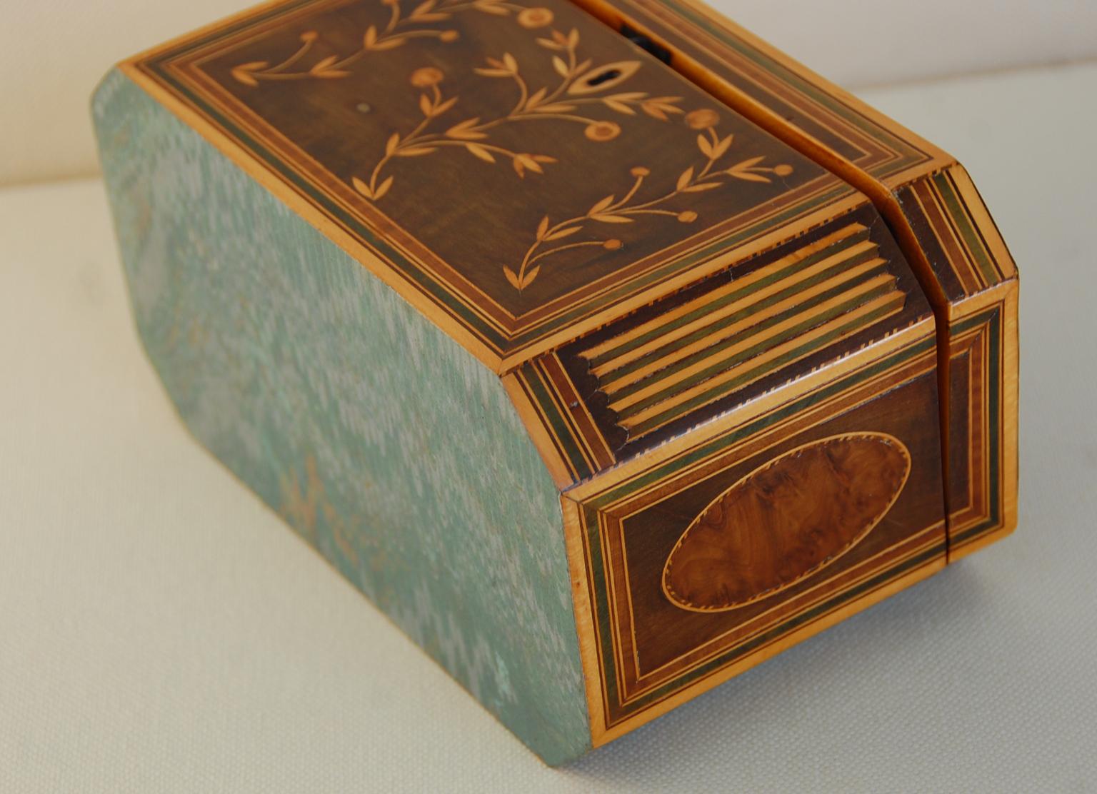 Mahogany English Georgian Double Inlaid Tea Caddy, Octagonal, Leaf, Berry, Column Inlays