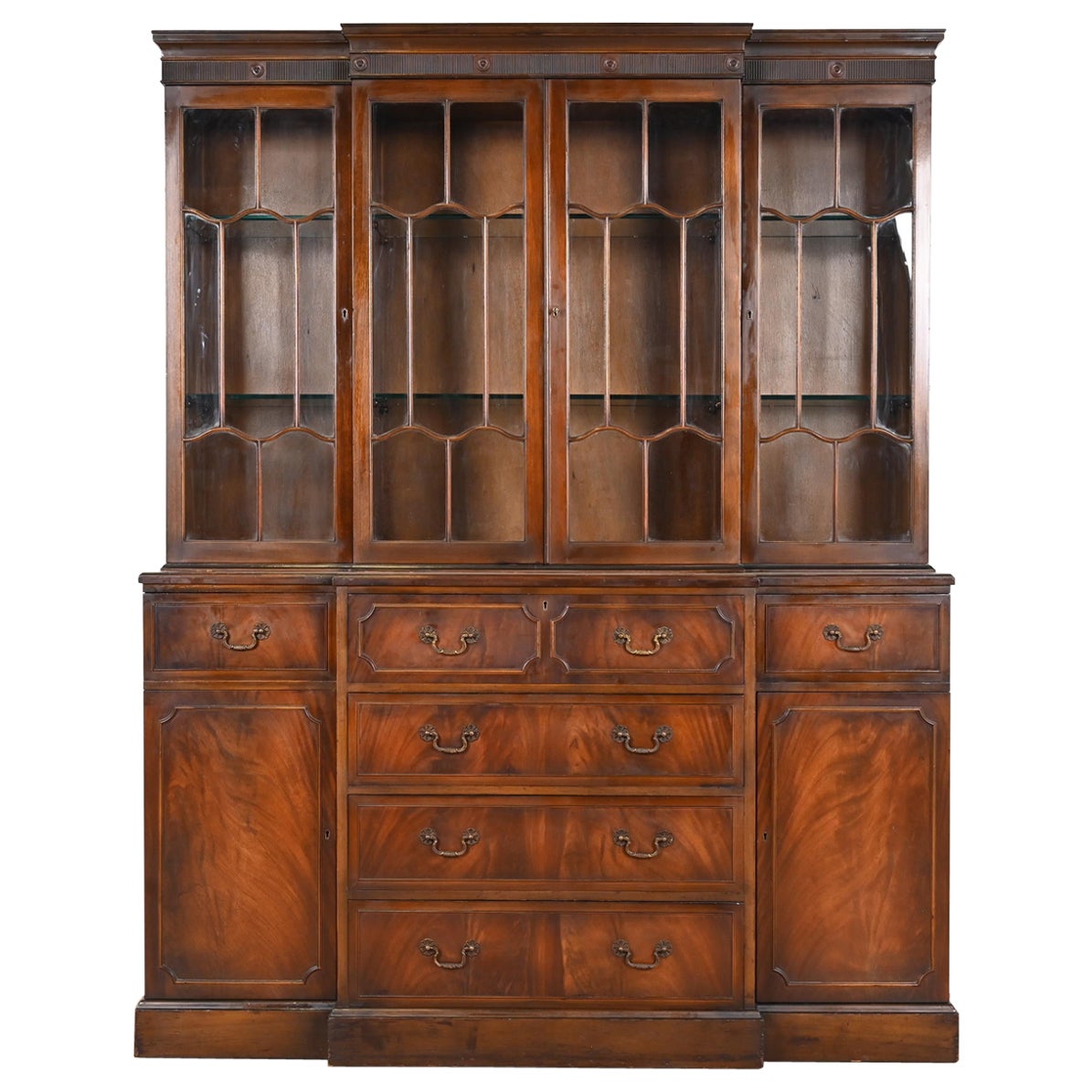 English Georgian Flame Mahogany Breakfront Bookcase Cabinet with Secretary Desk
