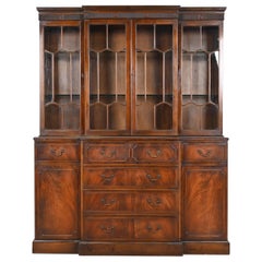 English Georgian Flame Mahogany Breakfront Bookcase Cabinet with Secretary Desk