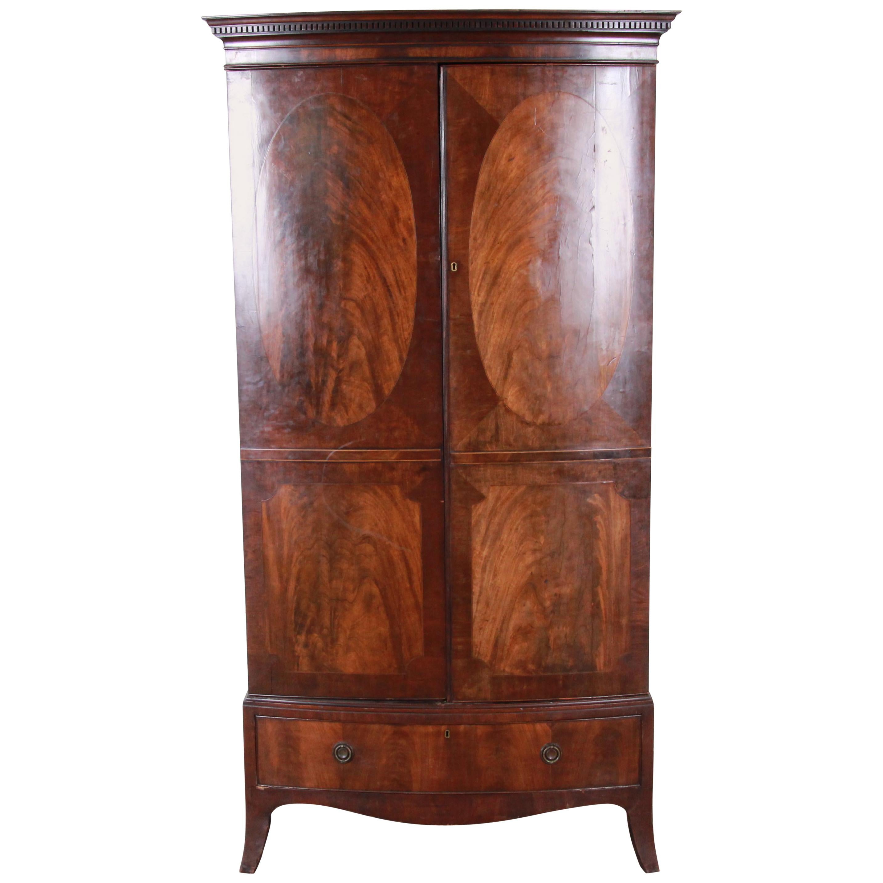 English Georgian Flame Mahogany Linen Press or Armoire, circa 1800