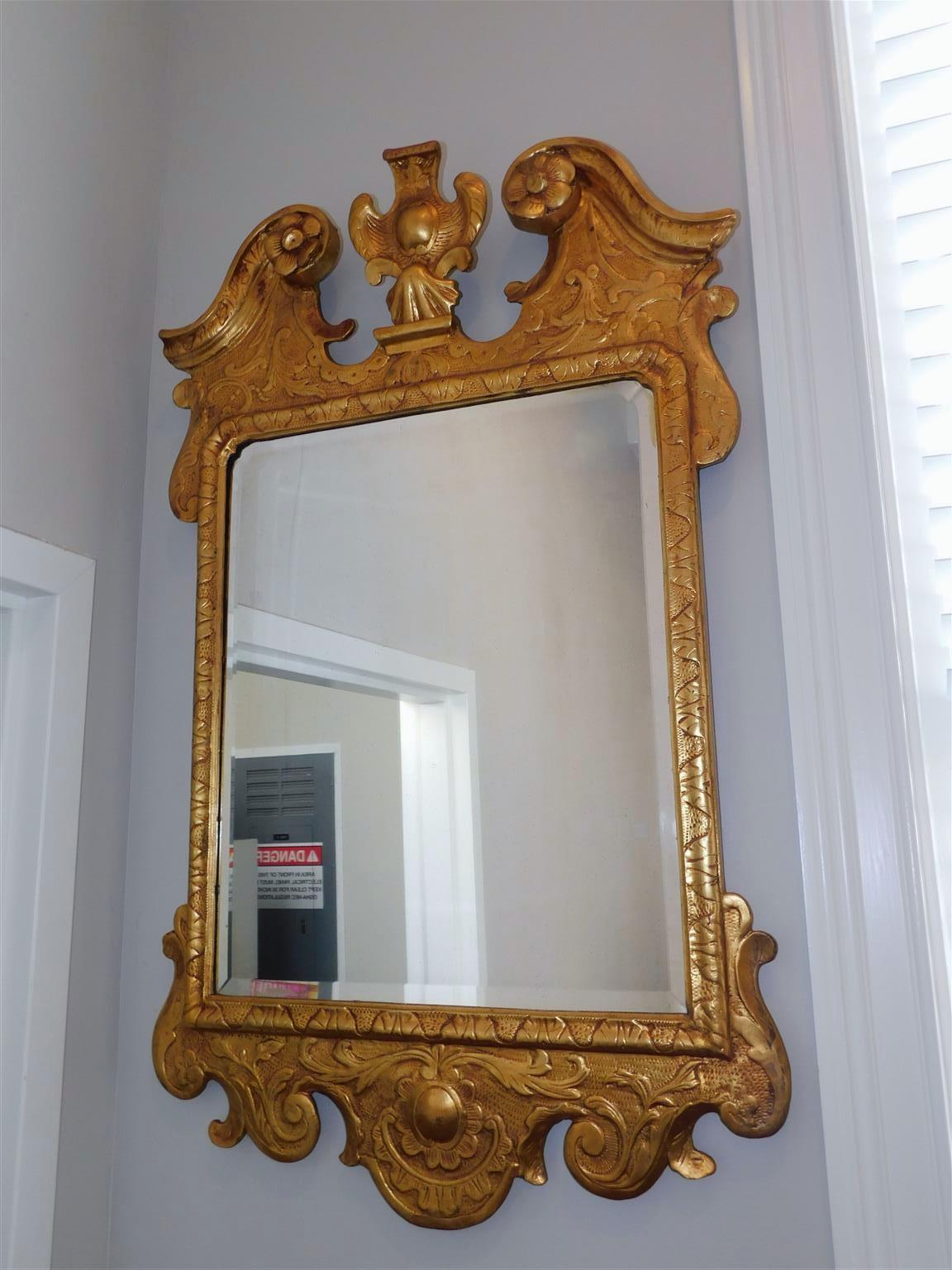 Hand-Carved English Georgian Foliage Crest Gilt Wood & Gesso Beveled Wall Mirror, C. 1770 For Sale