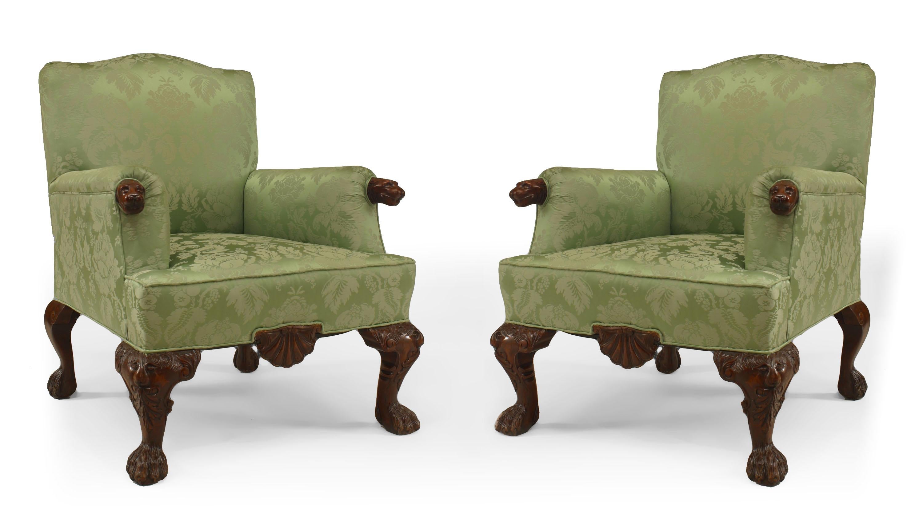 Set of 3 English Georgian mahogany living room / salon set with carved lion arms & heads on legs with green upholstery. (Sofa: 55