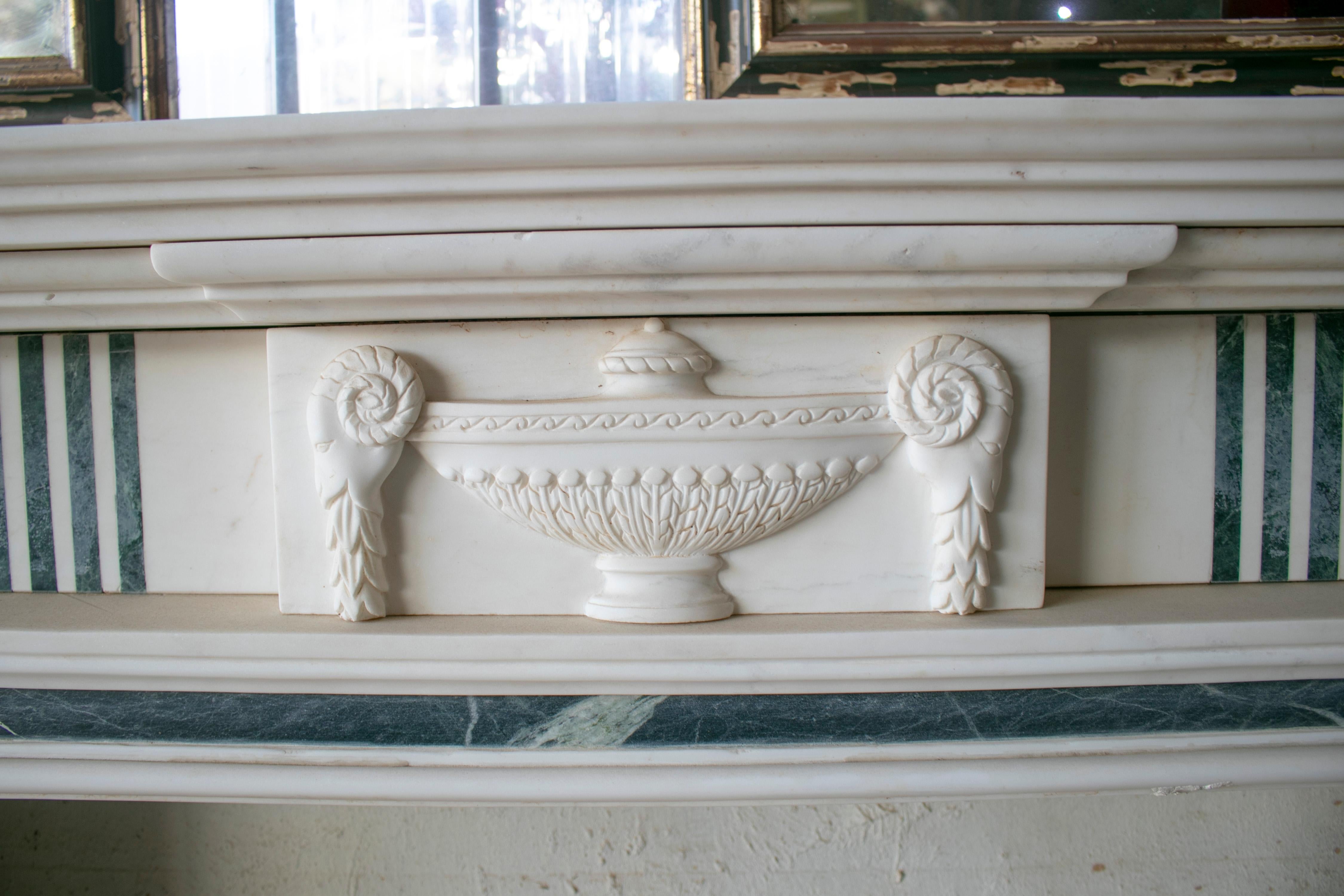 Spanish English Georgian Hand Carved Marble Fireplace Mantle with Serpentine Inlay
