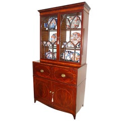 English Georgian Hepplewhite Period Secretaire Bookcase, Glazed Doors, Mahogany