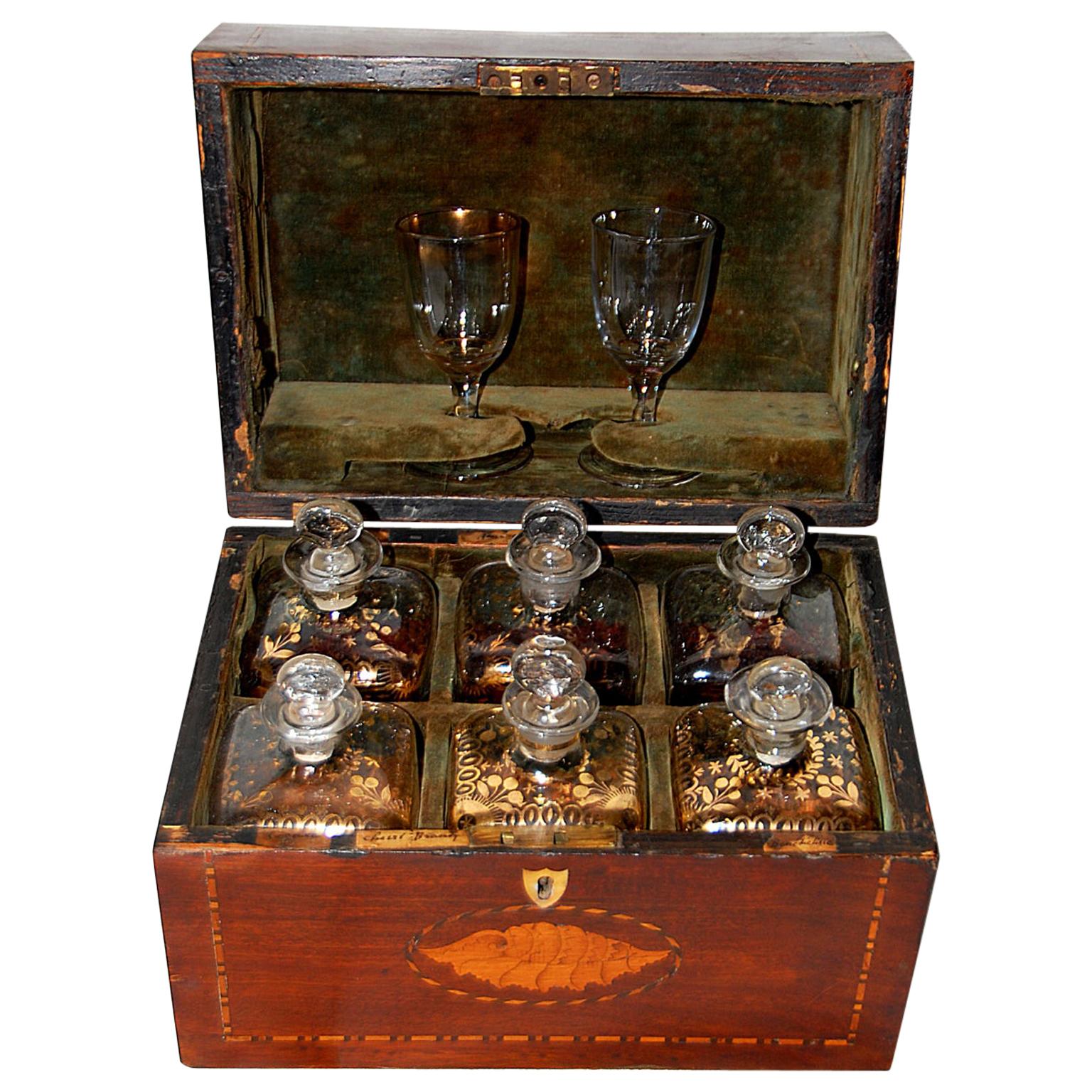 English Georgian Inlaid Liquor Box with Six Original Bottles and Two Glasses