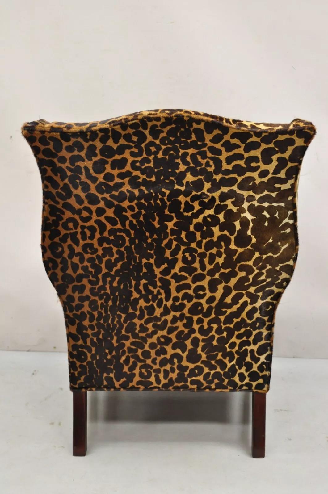 English Georgian Leopard Cheetah Hair on Hide Leather Upholstery Wingback Chair 5
