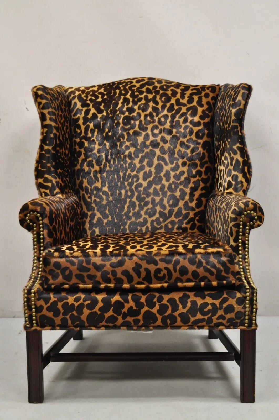 English Georgian Leopard Cheetah Hair on Hide Leather Upholstery Wingback Chair 6