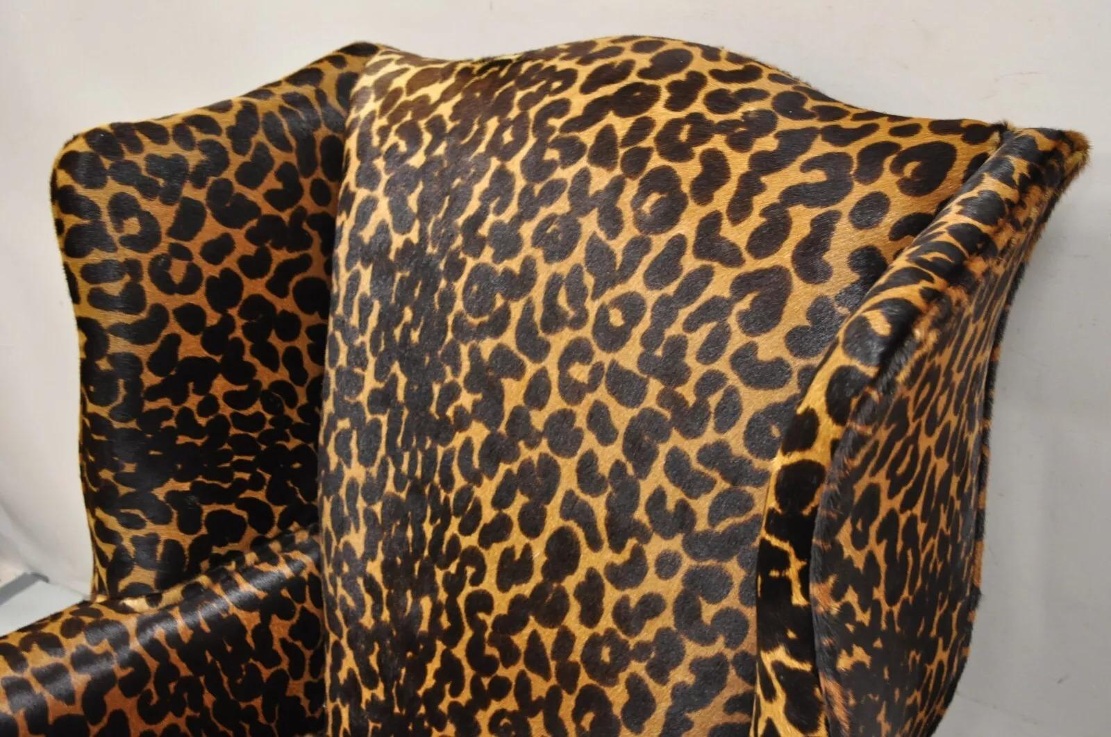 Unknown English Georgian Leopard Cheetah Hair on Hide Leather Upholstery Wingback Chair