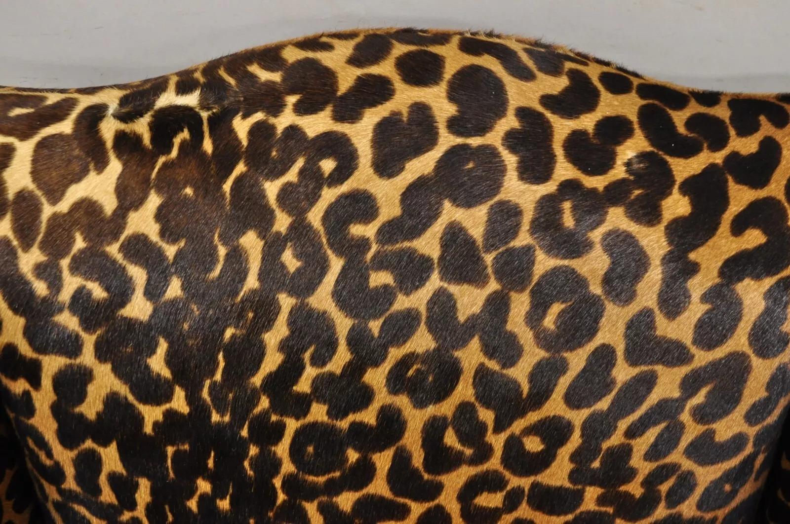 English Georgian Leopard Cheetah Hair on Hide Leather Upholstery Wingback Chair In Good Condition In Philadelphia, PA