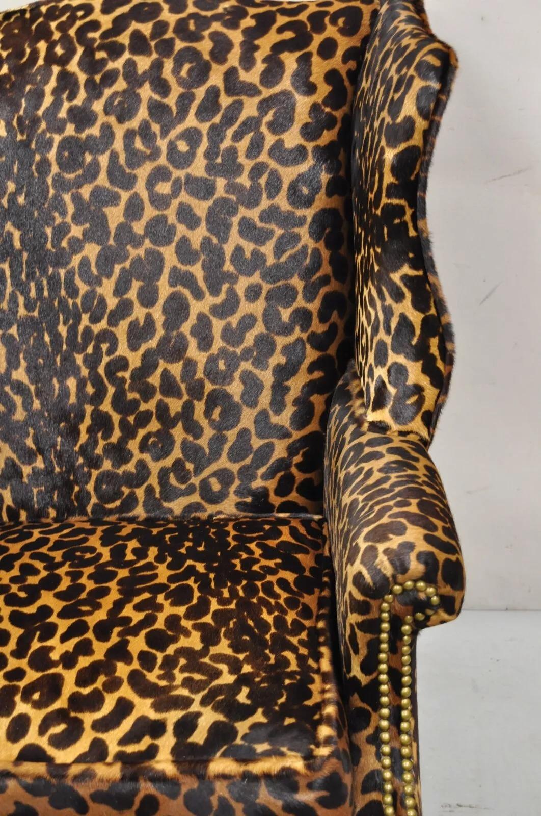20th Century English Georgian Leopard Cheetah Hair on Hide Leather Upholstery Wingback Chair