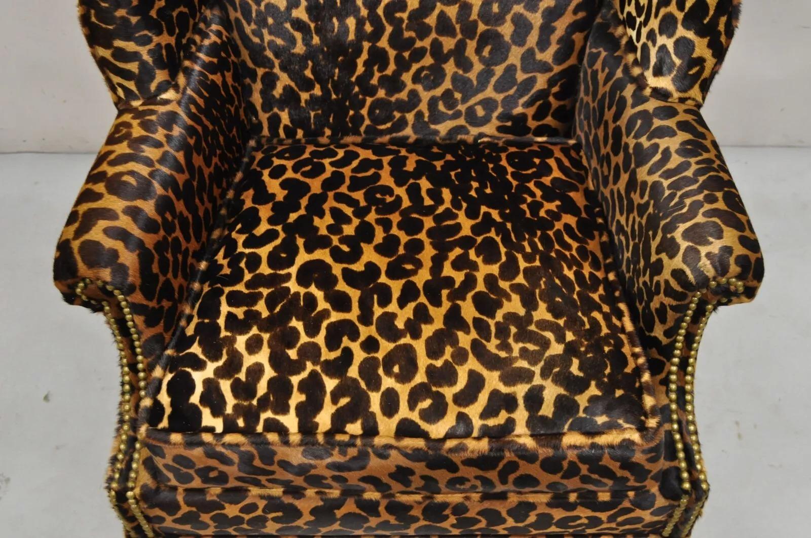 English Georgian Leopard Cheetah Hair on Hide Leather Upholstery Wingback Chair 1